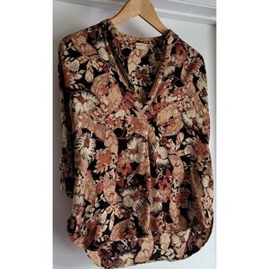 Vintage Judy Knapp California Women Blouse M Floral Black Tan Brown Orange Rayon